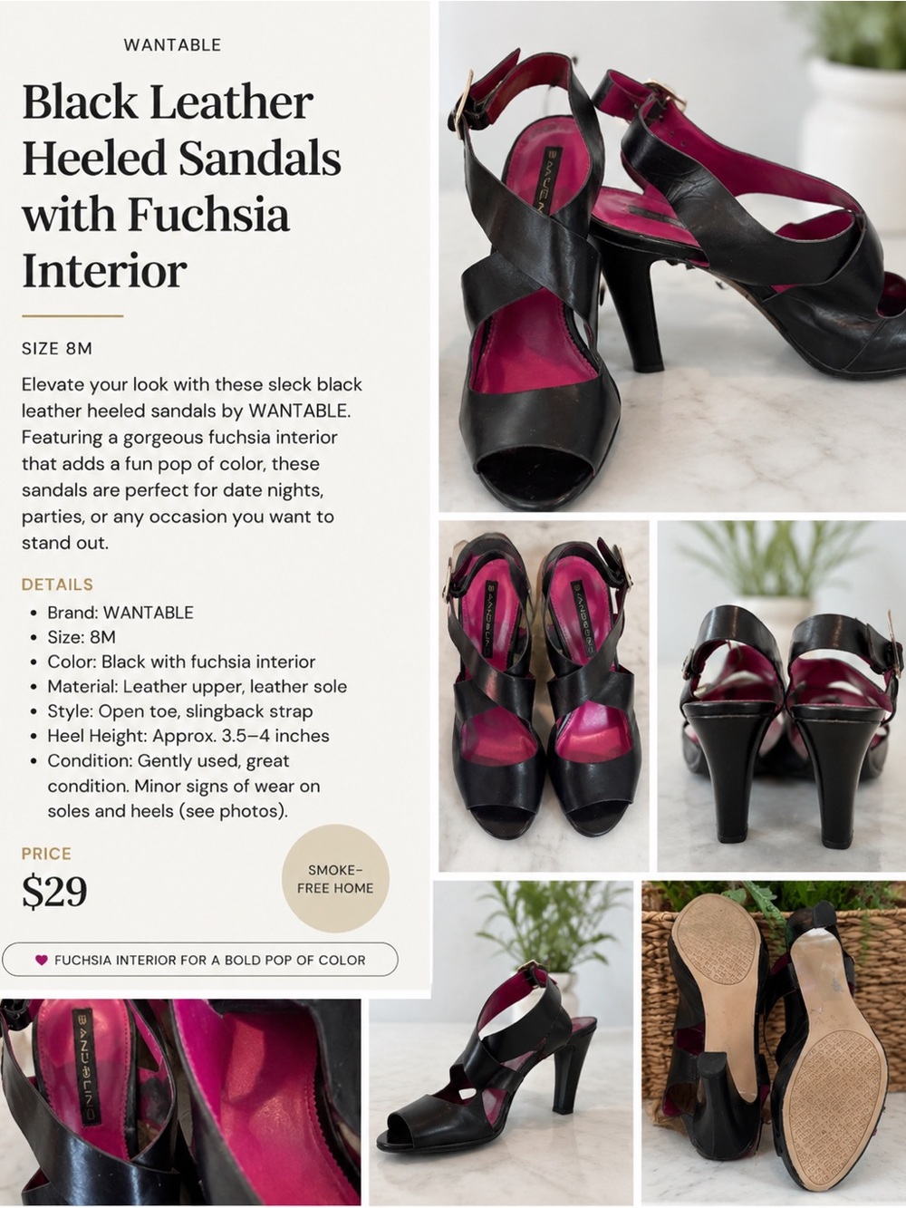Bandolino Black Leather Heeled Sandals with Fuchsia Interior